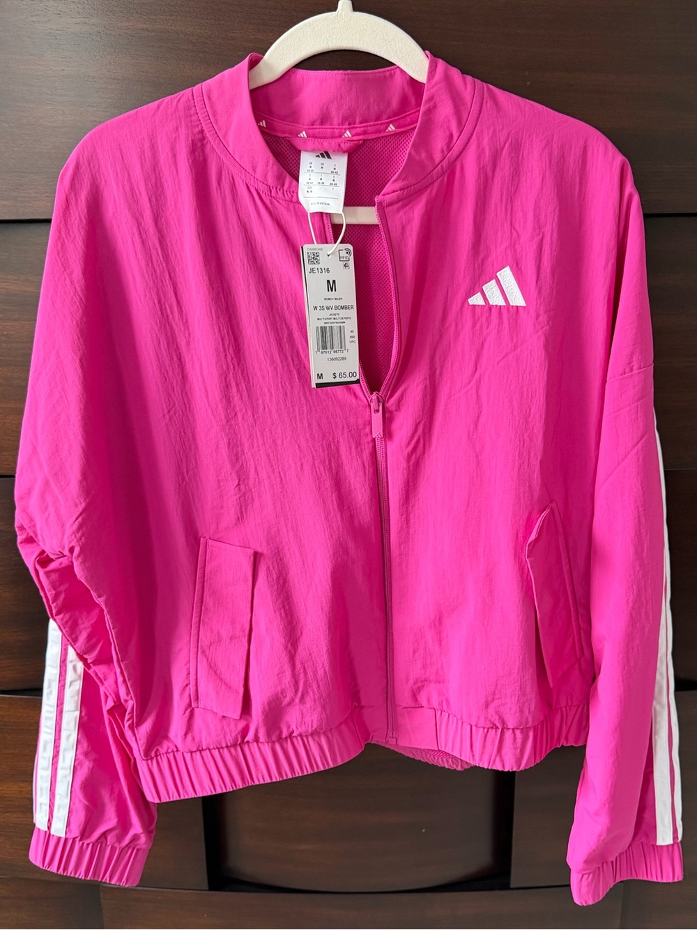NWT adidas 3-Stripes Woven Bomber Jacket | Semi Lucid Fuchsia | Size M